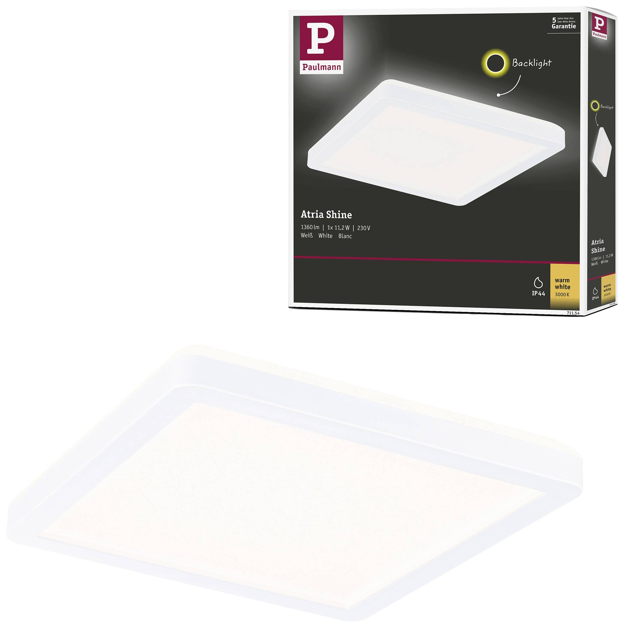 Verpackung eines Paulmann Atria Shine LED-Panels, 15 Watt, quadratisch, zeigt Produktbild mit hervorgehobenem Leuchtrahmen.