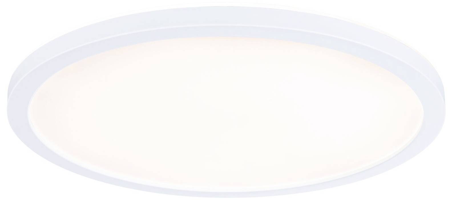 Eine runde, flache LED-Deckenleuchte mit weißem Rahmen und hell leuchtendem Zentrum, geeignet zur Raumbeleuchtung.