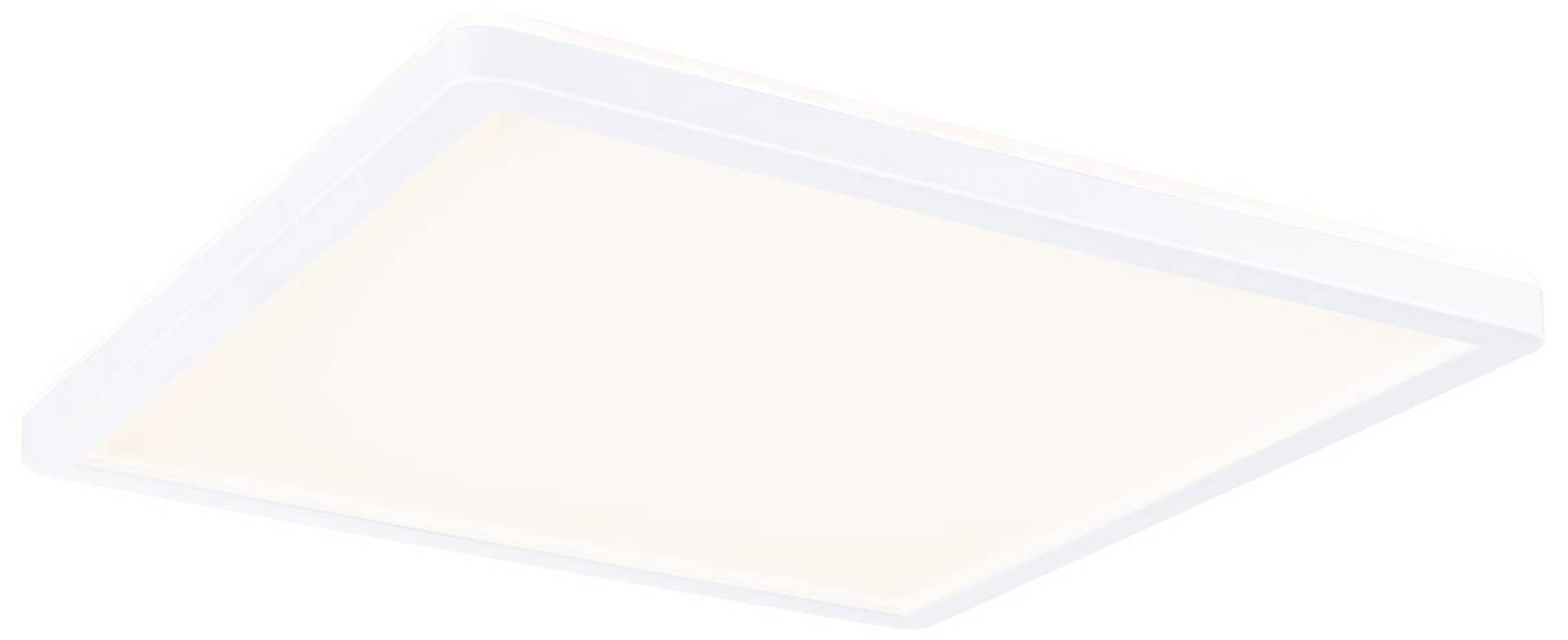 Quadratische LED-Deckenleuchte mit weißem Rahmen und gleichmäßigem, warmweißem Licht, geeignet für moderne Innenräume.