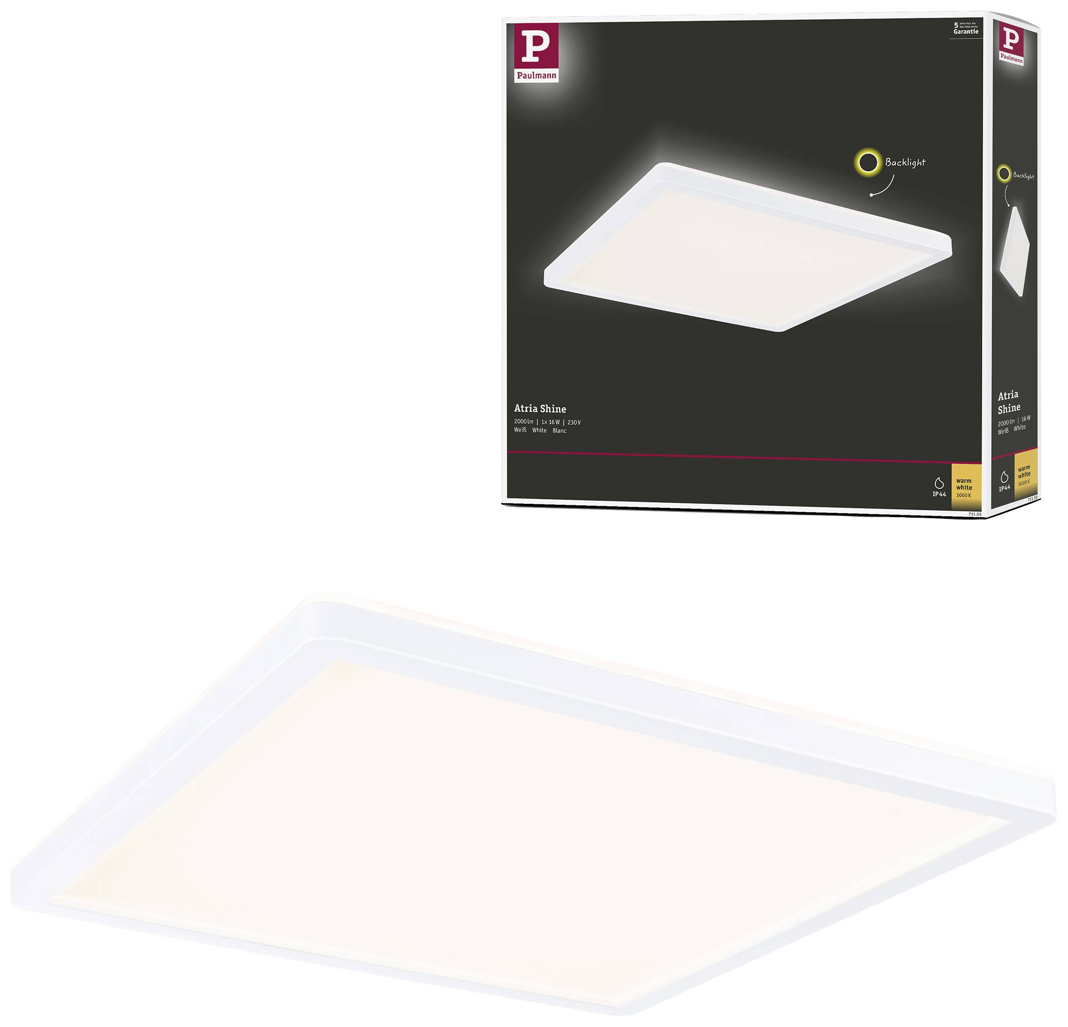 Quadratische LED-Deckenleuchte in Weiß, abgebildet auf einer Verpackung. Text auf der Verpackung: 'Backlight'.