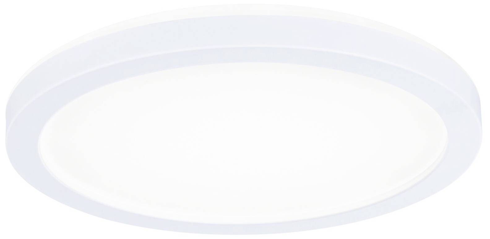 Runde, weiße LED-Deckenleuchte vor hellem Hintergrund, zeigt modernes Design.