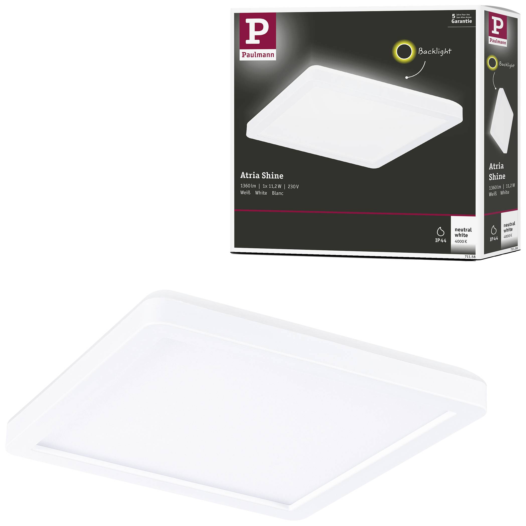 LED-Deckenleuchte 'Atria Shine' von Paulmann, quadratisch, 1800 Lumen, warmweiß, IP44, integrierte Hintergrundbeleuchtung. Verpackung zeigt Produktbild.