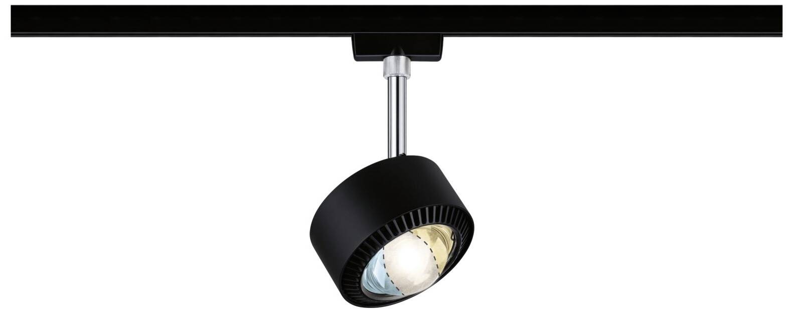 Ein schwarzer LED-Strahler an einer Schienenvorrichtung, zur Beleuchtung in Innenräumen.