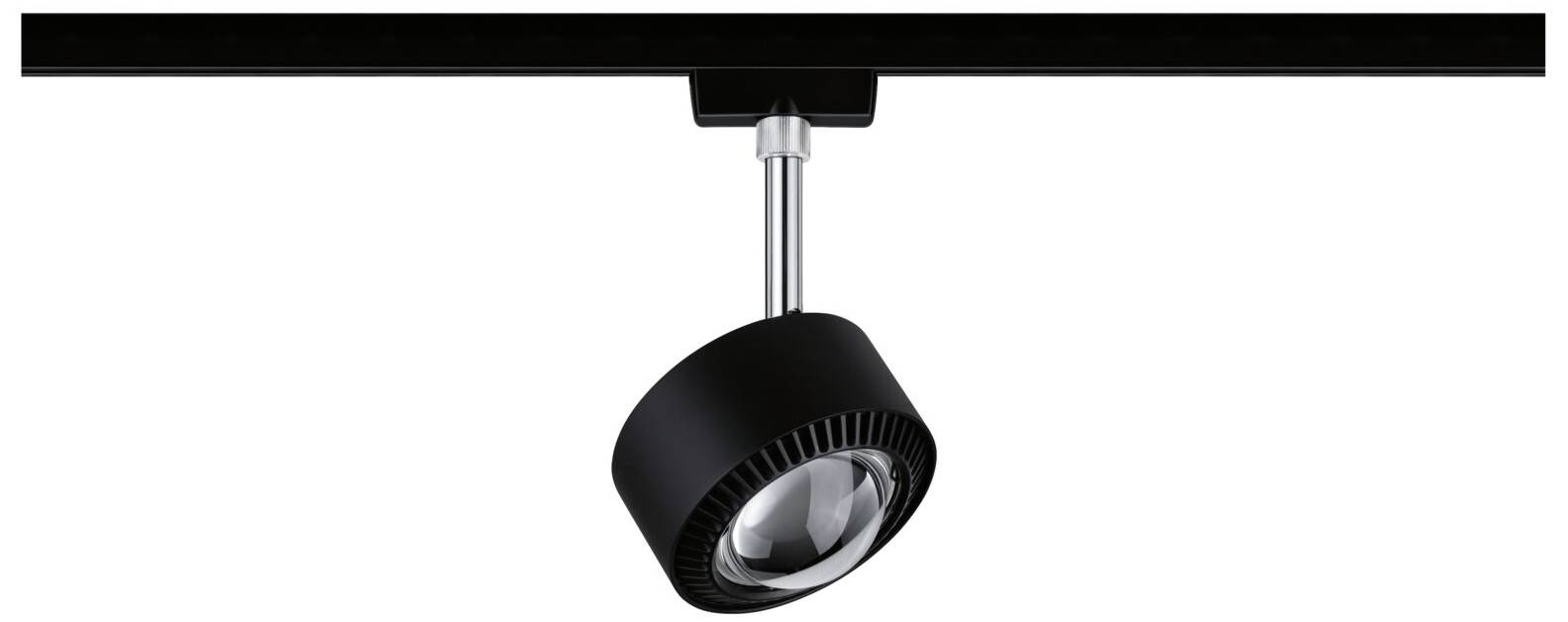Eine schwarze Deckenstrahler-Lampe, die an einer Schiene befestigt ist. Sie ist modern und minimalistisch gestaltet.