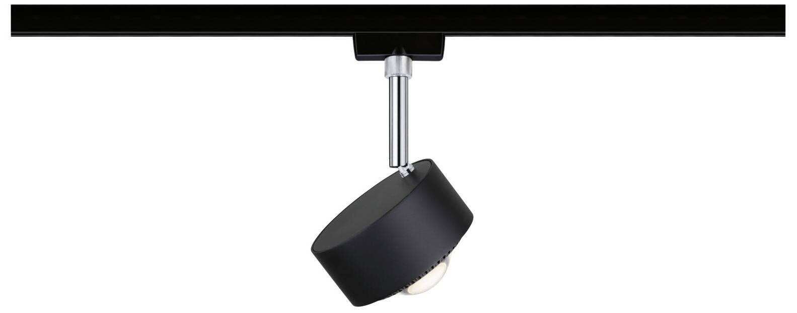 Schwarzer Deckenstrahler, schwenkbar, an Schiene montiert, modernes Design für zielgerichtete Beleuchtung in Räumen.