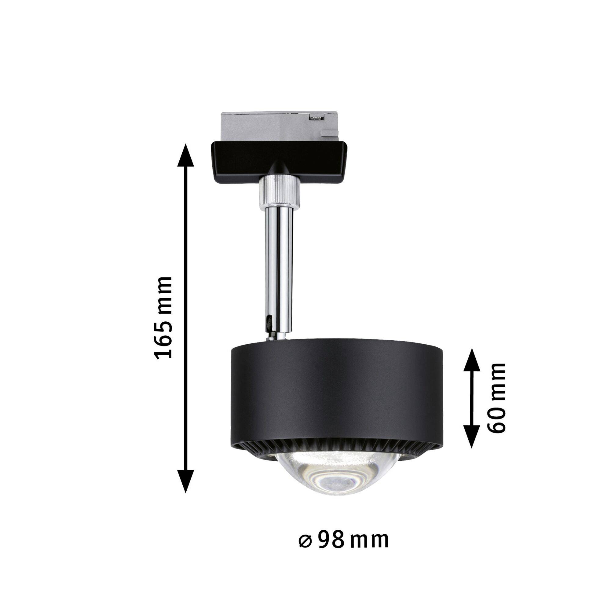 Deckenstrahler mit schwarzem Gehäuse und runder LED-Lampe. Maße: Höhe 165 mm, Durchmesser 98 mm, Lampenhöhe 60 mm.