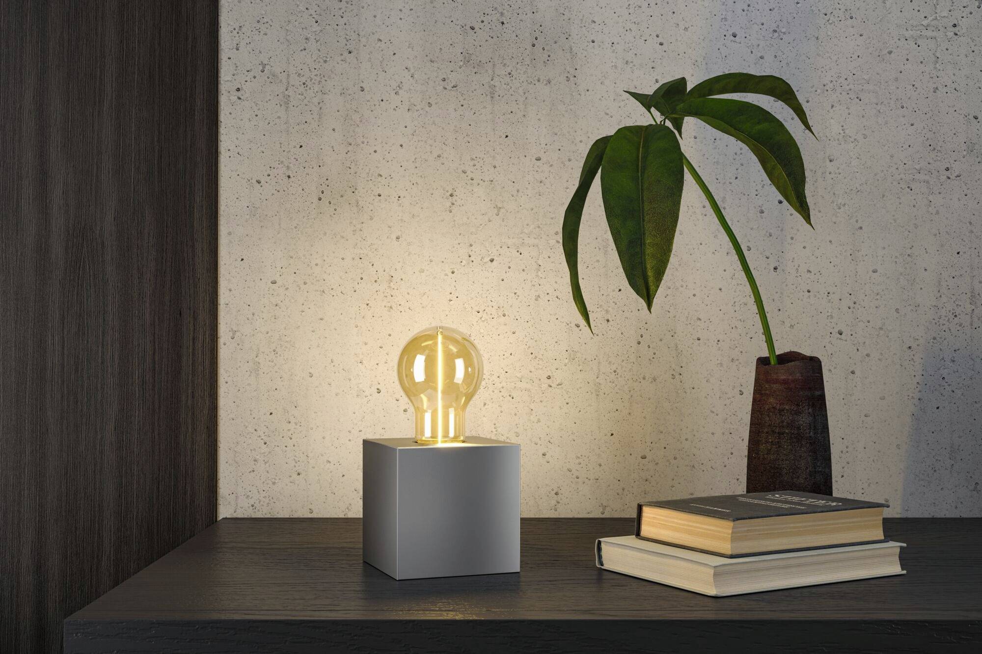 Eine Lampe in Form eines Glühbirnensymbols auf einem Tisch neben einem Pflanzengefäß und gestapelten Büchern.