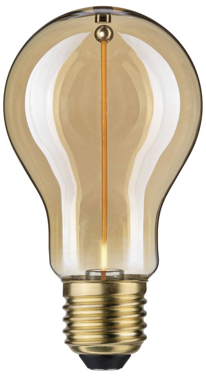Glühbirne mit warmem, goldenem Licht. Sie hat eine Standardform und einen Messingsockel, geeignet für dekorative Beleuchtung.