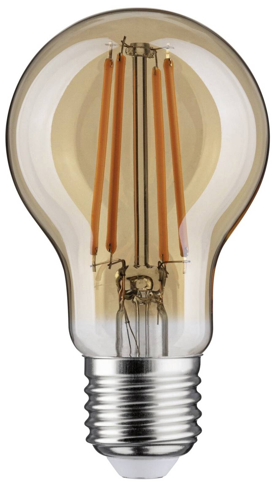 Eine dekorative Glühbirne mit sichtbaren orangen Filamenten vor einem weißen Hintergrund.