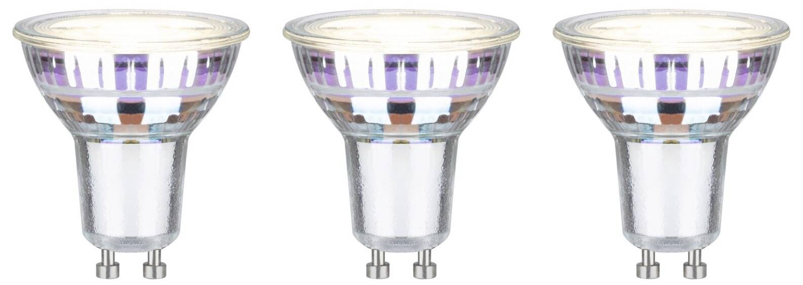 Drei LED-Glühlampen in einer Reihe, jeweils mit GU10-Sockel, reflektierende Oberfläche und klarer Glasabdeckung.
