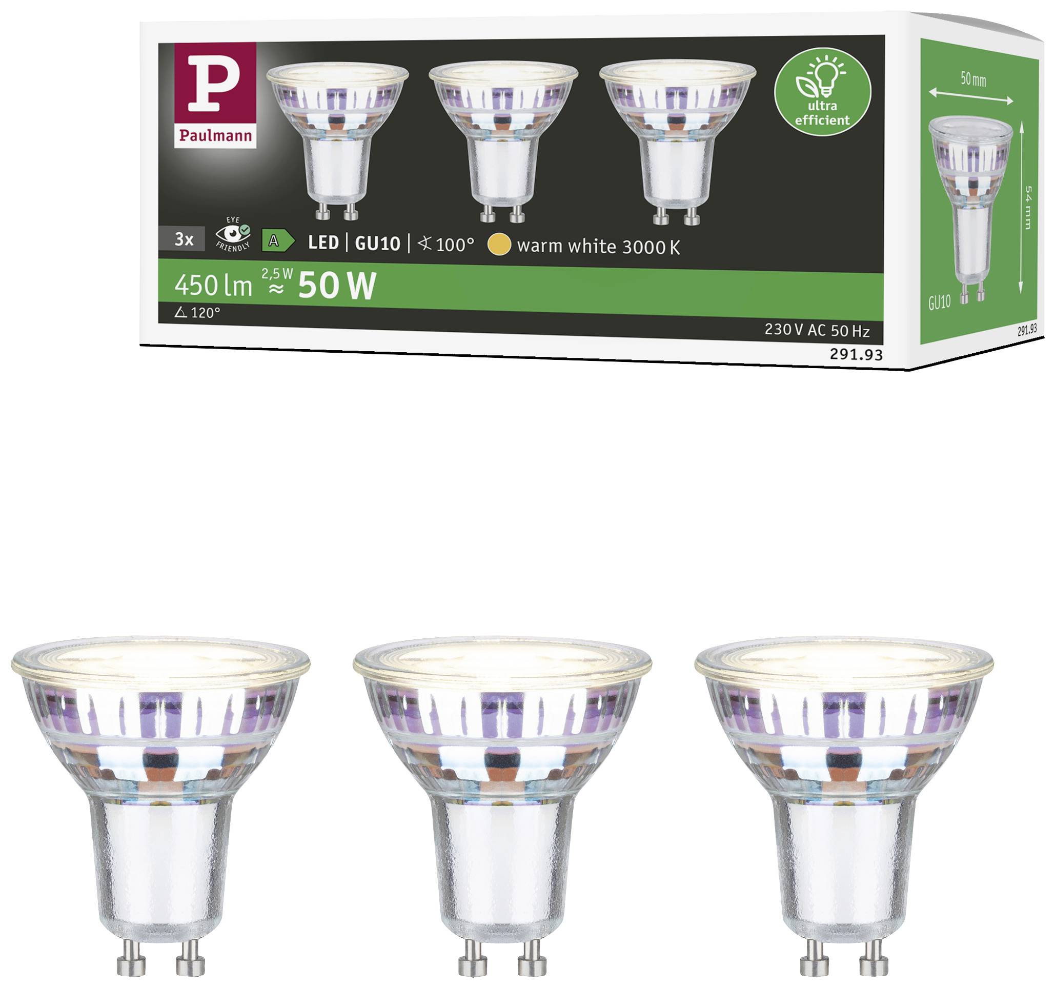 Paulmann 29193 LED EEK A (A - G) GU10 Reflektor 2.5W Warmweiß (Ø x H) 50mm x 54mm 3St.