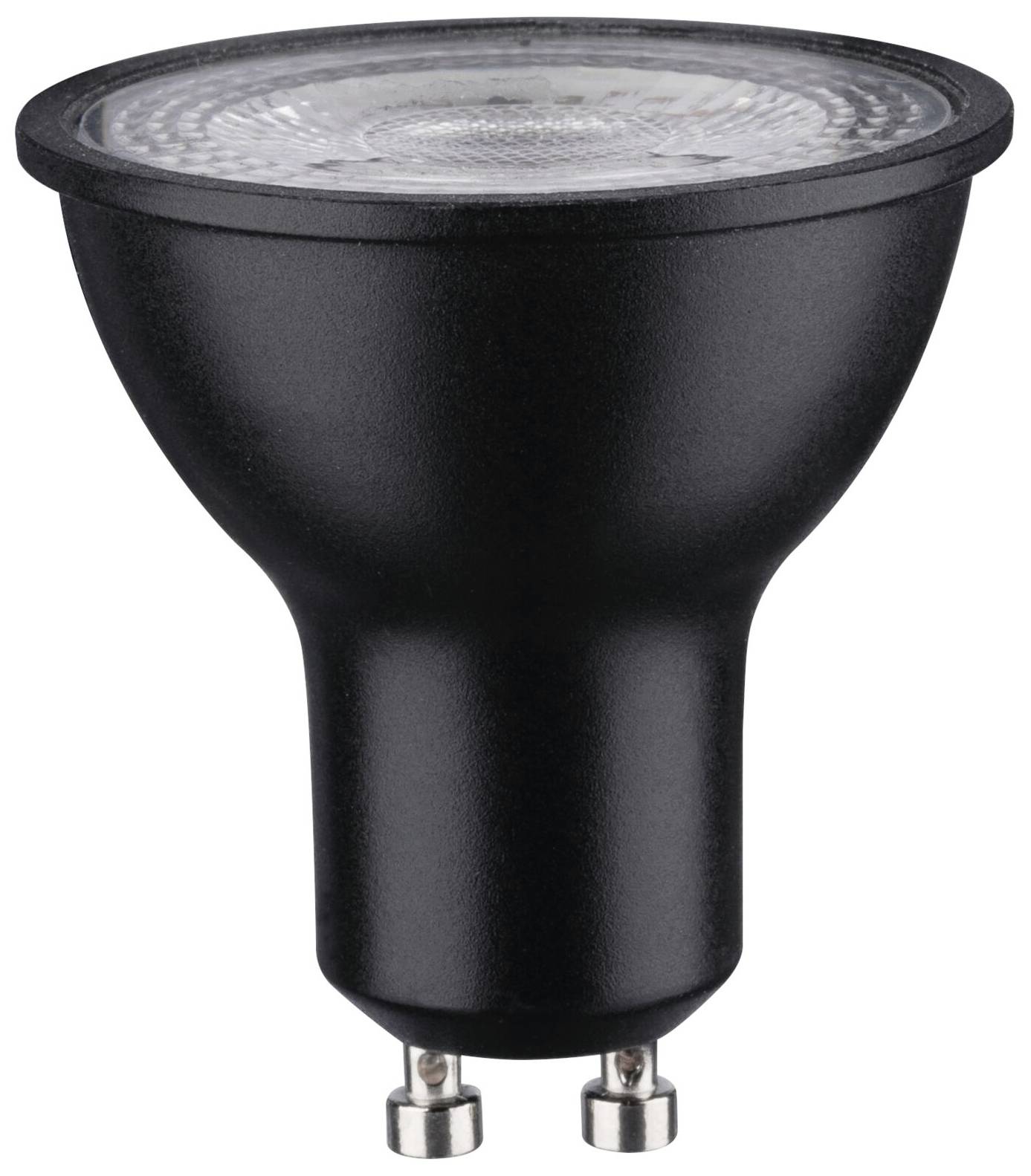 Schwarze LED-Spotlampe mit GU10-Sockel, zur Beleuchtung in Deckenstrahlern oder Wandlampen geeignet.