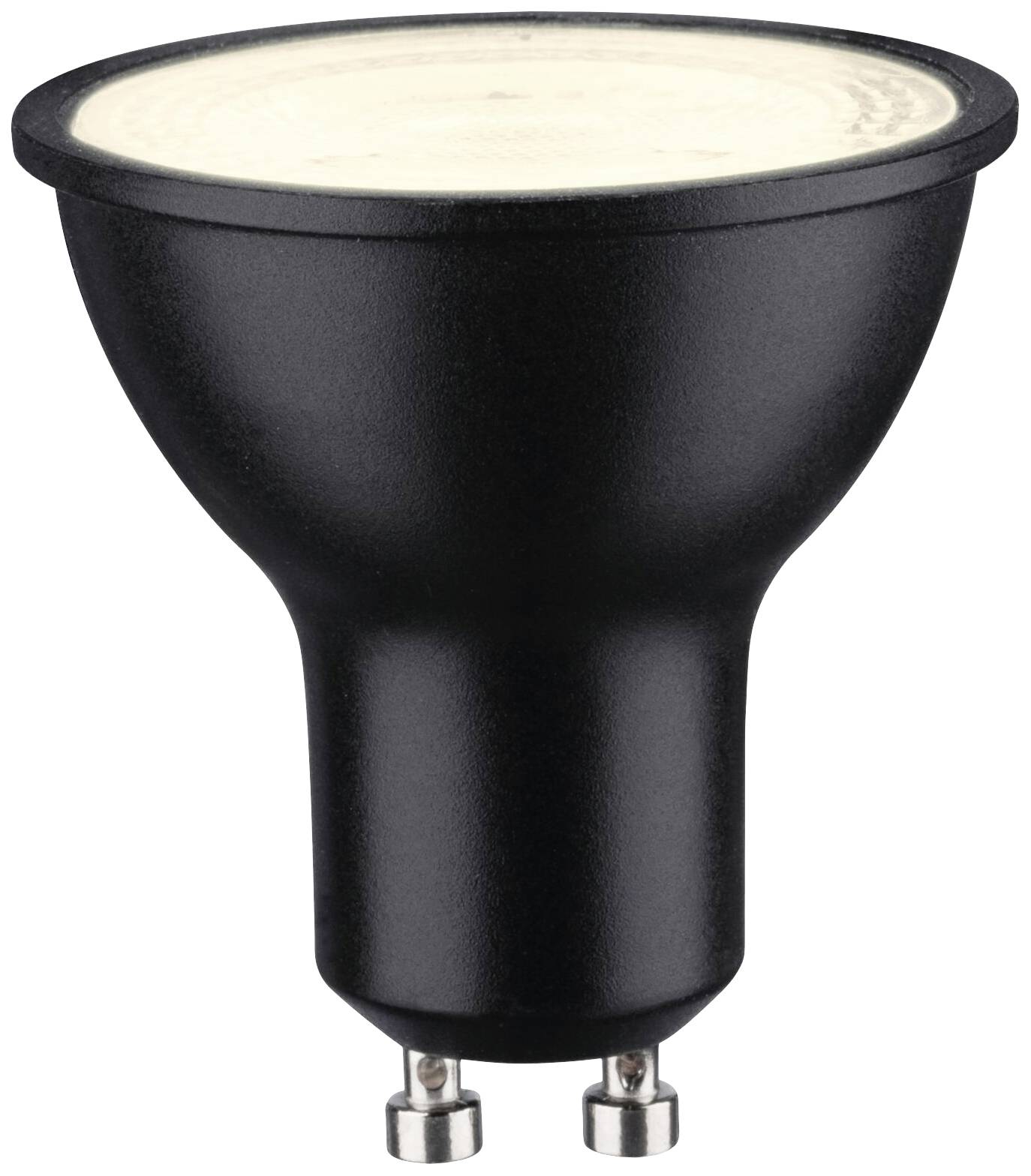 Schwarze LED-Spotlampe mit GU10-Sockel, stehend, frontale Ansicht.