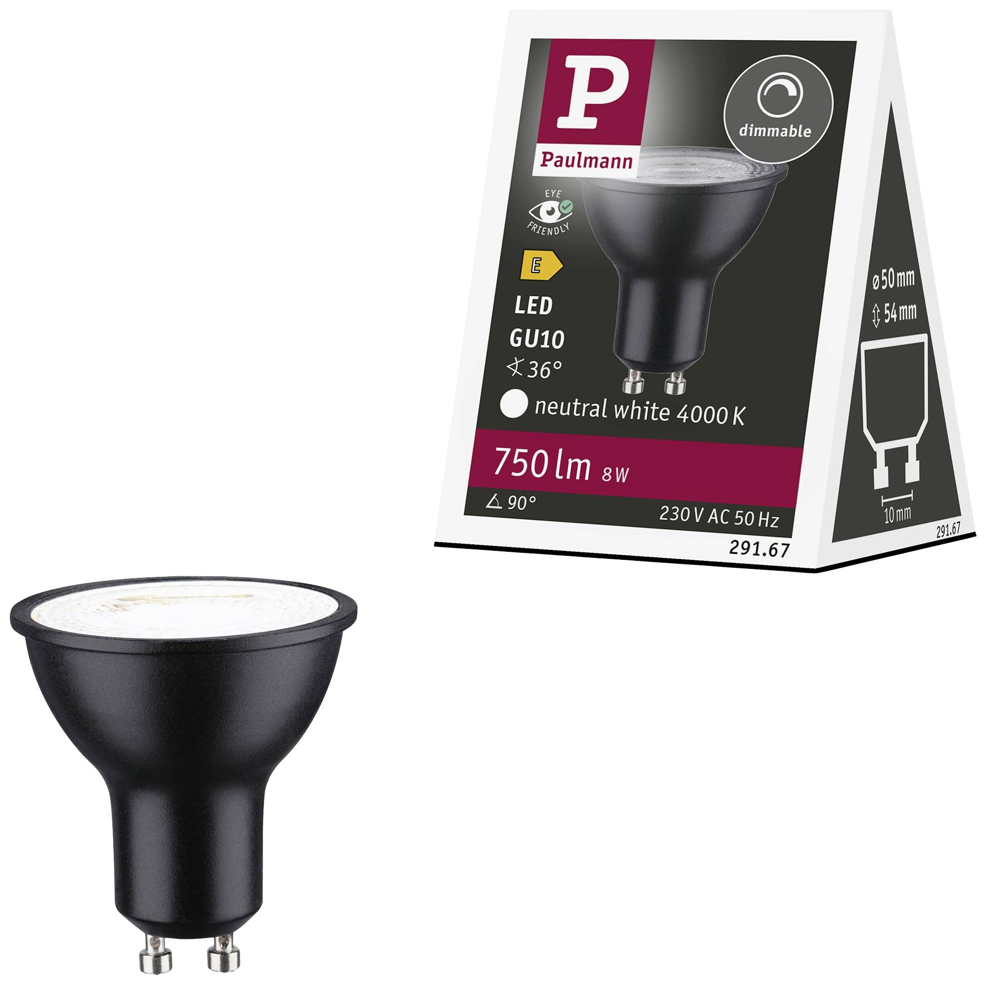 LED-Lampe GU10 von Paulmann mit neutralweißem Licht (4000 K) und 750 Lumen; energieeffizient, dimmbar, geeignet für 230V AC.