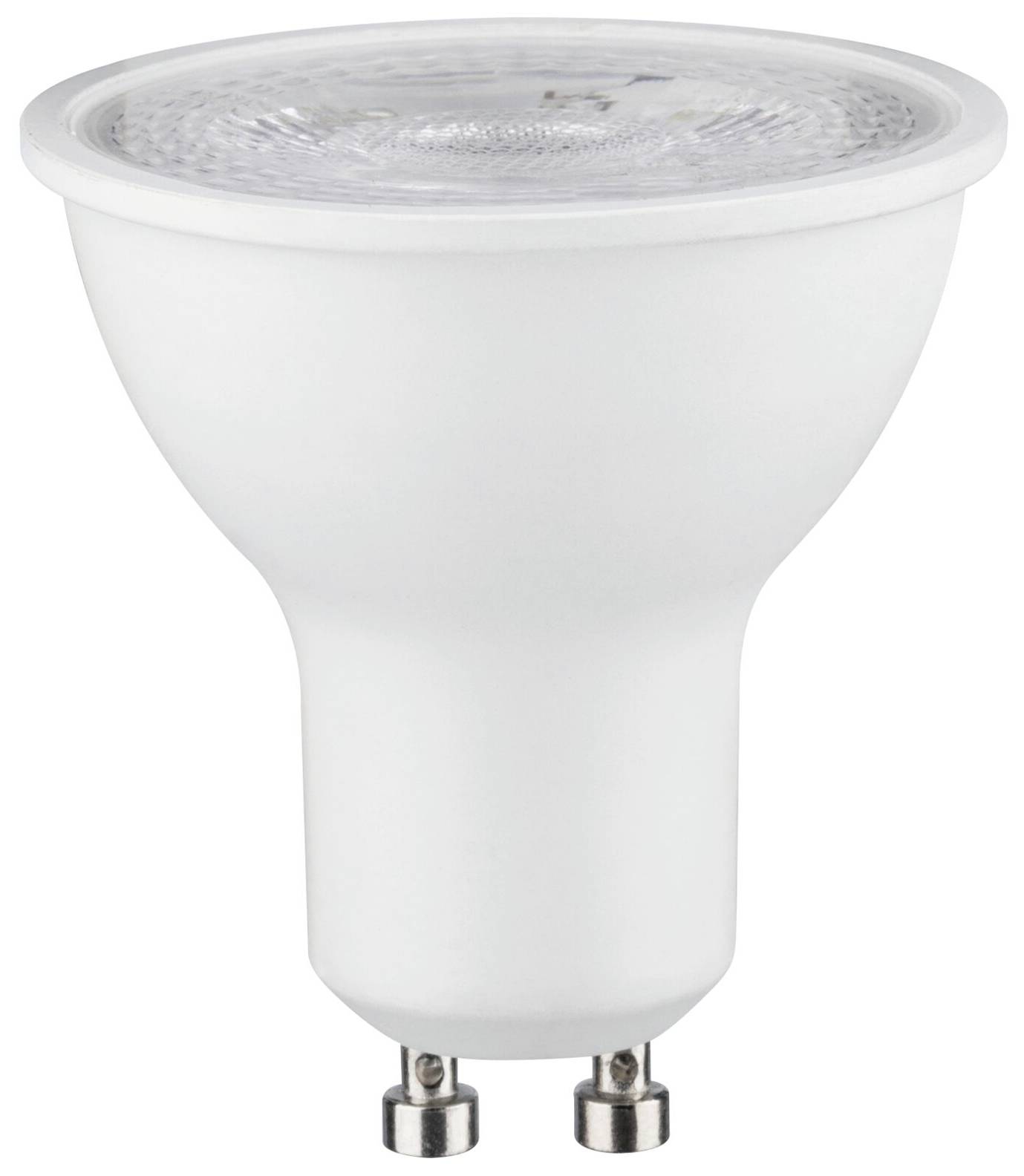 Eine weiße LED-Glühbirne mit GU10-Sockel, geeignet für energieeffiziente Beleuchtung, vor weißem Hintergrund.
