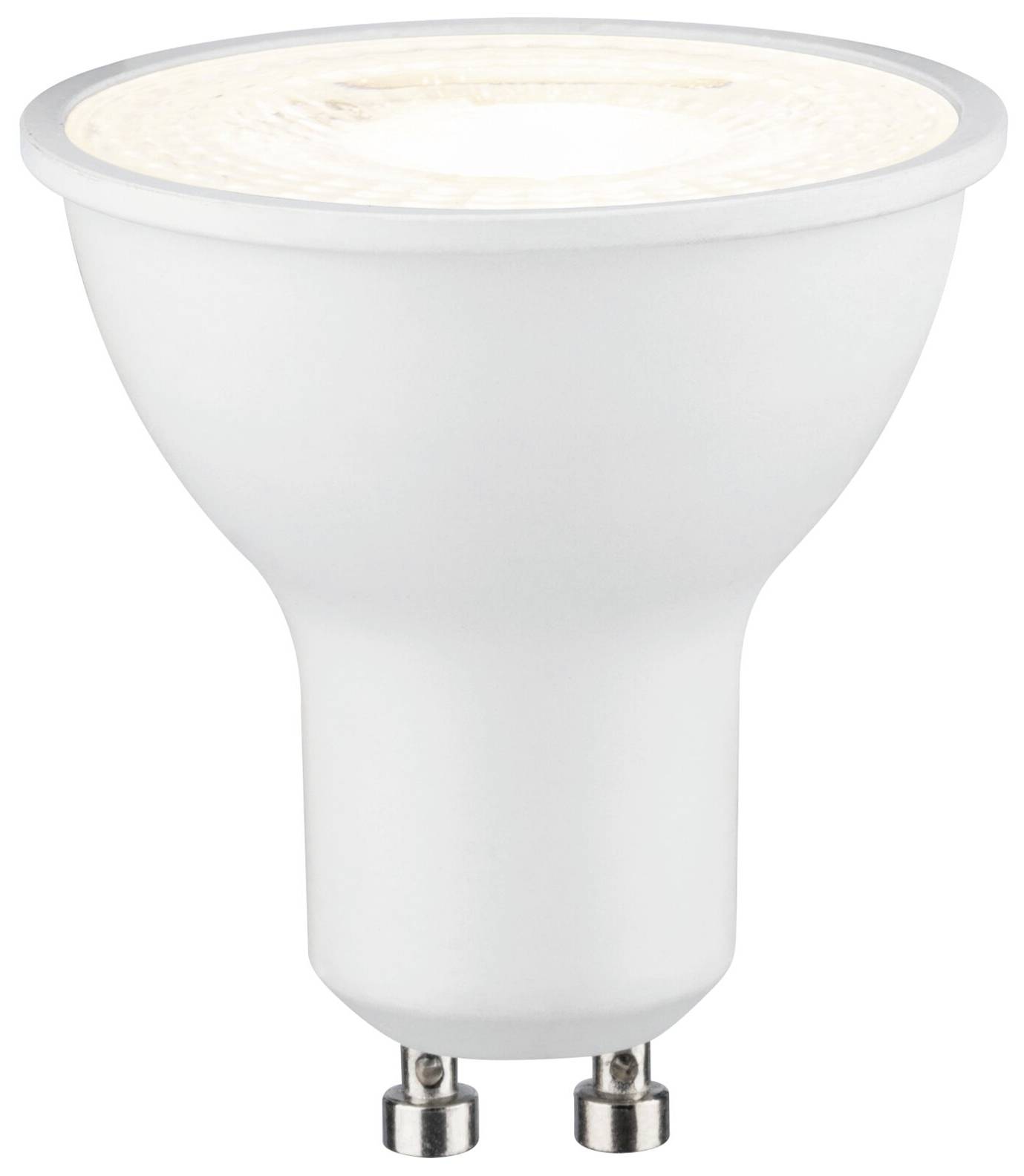 Eine weiße LED-Glühbirne mit GU10-Sockel, die nach oben leuchtet. Ideal für Spotbeleuchtung oder Downlight-Anwendungen.