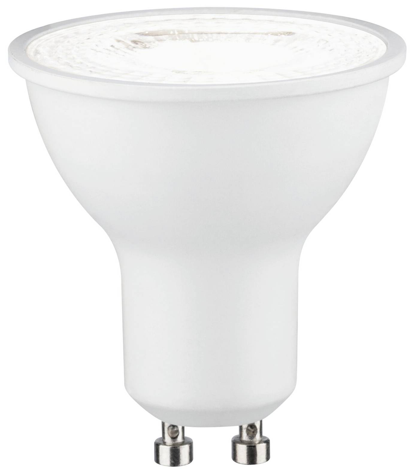Eine weiße LED-Glühbirne mit GU10-Sockel, die stehend abgebildet ist.