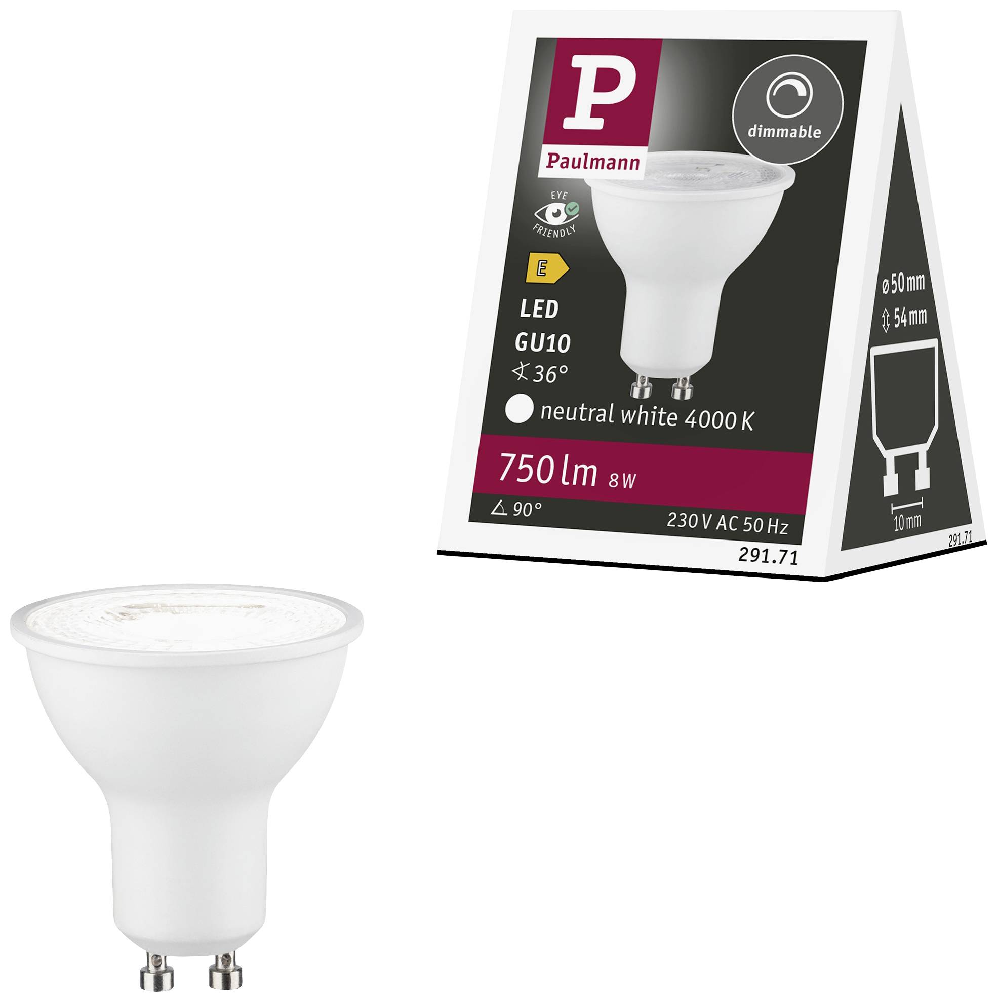 LED-Glühlampe GU10 mit Verpackung. EEK F, 750 Lumen, 8W, neutralweiß 4000K, dimmbar. Maße: 50 mm Durchmesser, 54 mm Höhe.