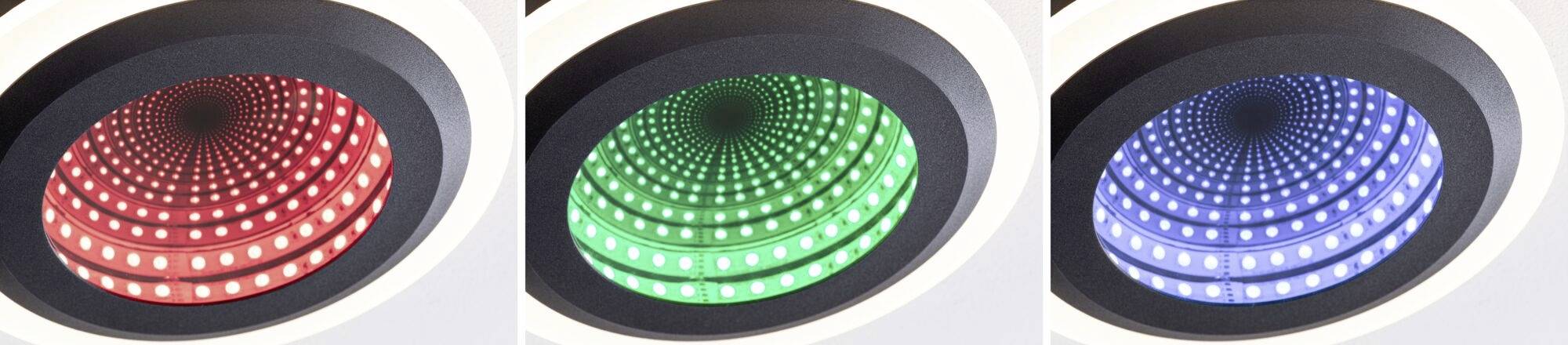 Drei runde Leuchten zeigen spiralförmig angeordnete LEDs in Rot, Grün und Blau. Sie erzeugen ein visuell ansprechendes Muster.