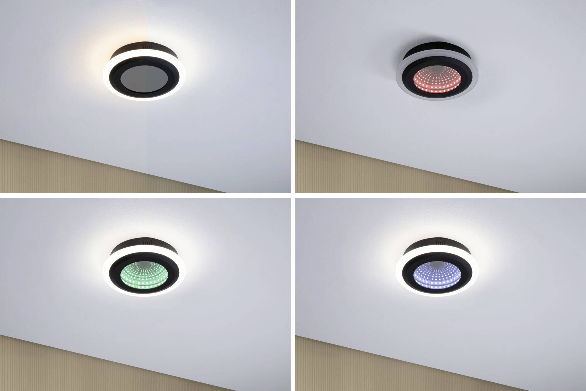 Vier runde Deckenleuchten in verschiedenen Farben: Weiß, Rot, Grün und Blau. Sie sind in zwei Reihen angeordnet.