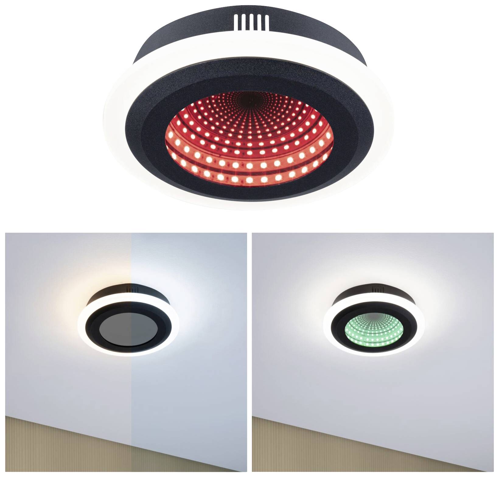 Runde Deckenlampe mit LED-Lichtern, die in verschiedenen Farben leuchten. Zwei Ansichten zeigen die Lampe von verschiedenen Winkeln.