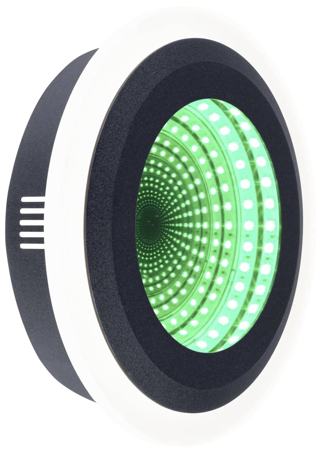 Ein rundes LED-Licht in schwarz und weiß, leuchtet grün in einem Tunnel-Effekt, erzeugt einen endlosen Spiegelungseffekt.