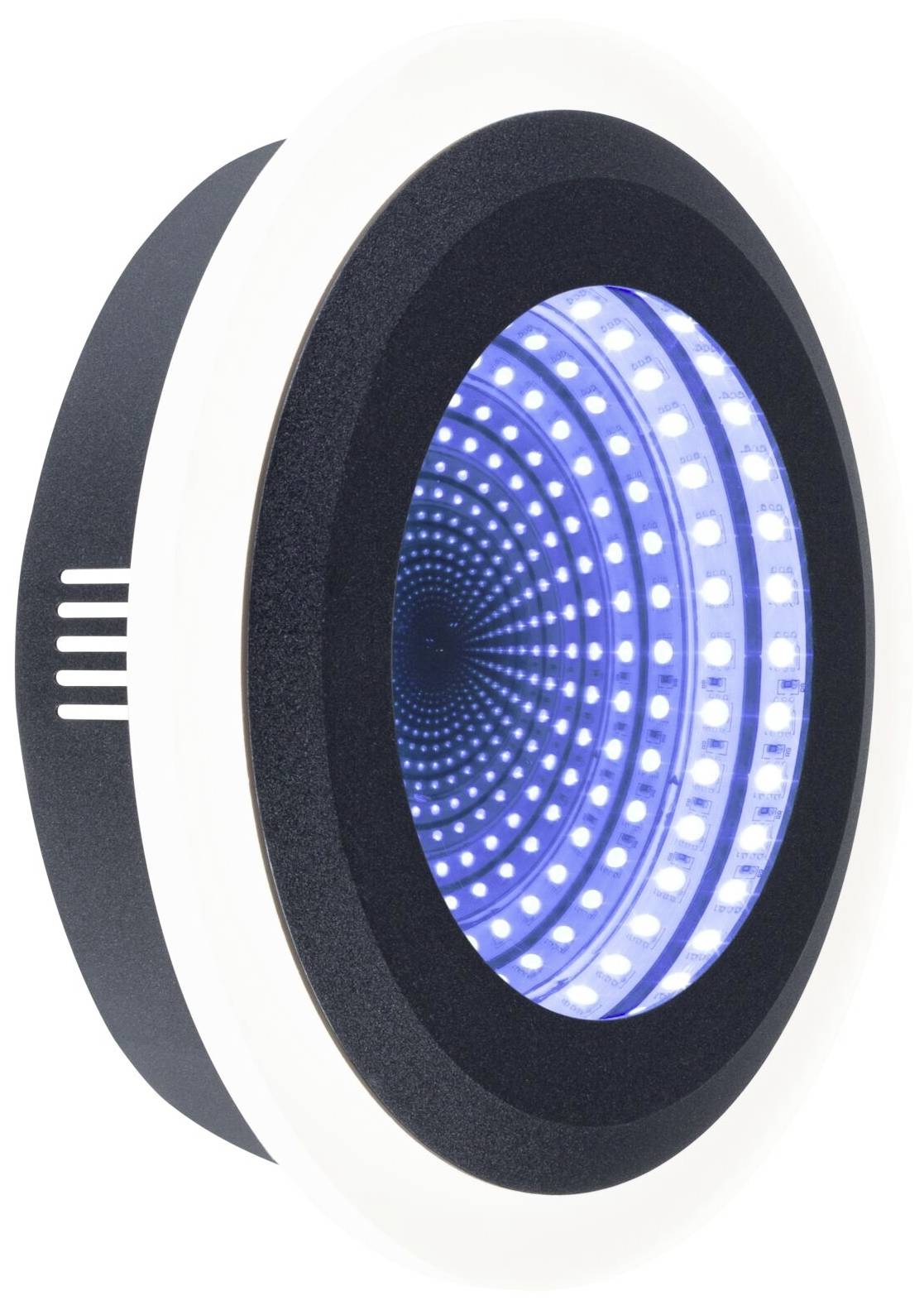 Ein runder LED-Spiegel mit einem leuchtenden blauen Unendlichkeitsmuster. Ideal zur Dekoration und für futuristische Designs.