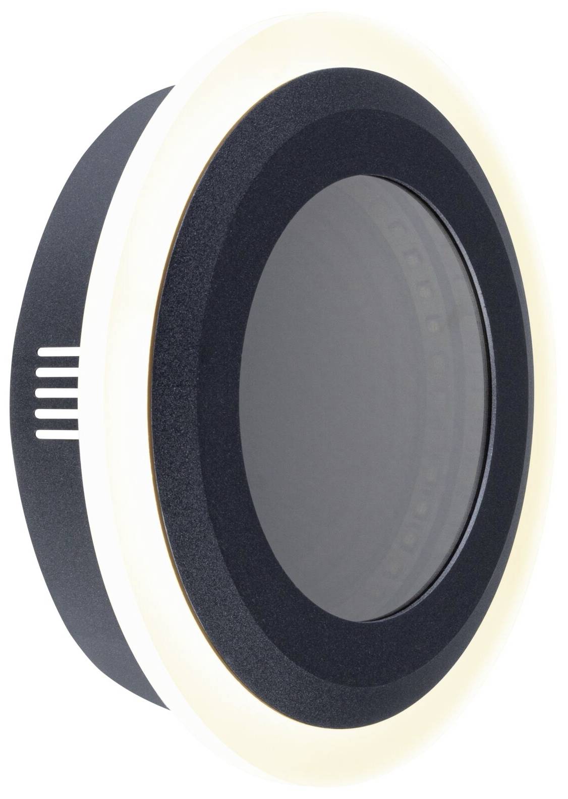 Ein rundes, modernes Wandlicht mit einem dunklen Außenring und einem breiten, hellen Innenring, der Beleuchtung erzeugt.