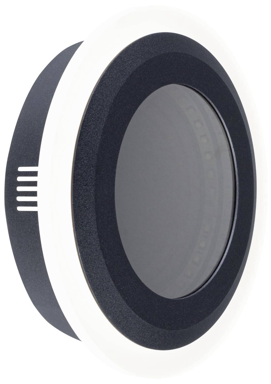 Ein rundes, modernes Belüftungsgerät mit schwarzem Gehäuse und weißen Akzenten, dargestellt in einer seitlichen Ansicht.