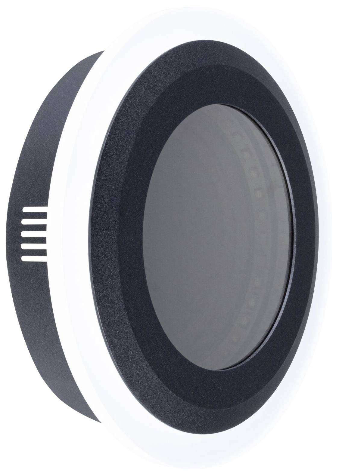 Schwarzer runder Kameraobjektivdeckel mit weißem Rand. Sondert eine moderne, technologische Atmosphäre aus.