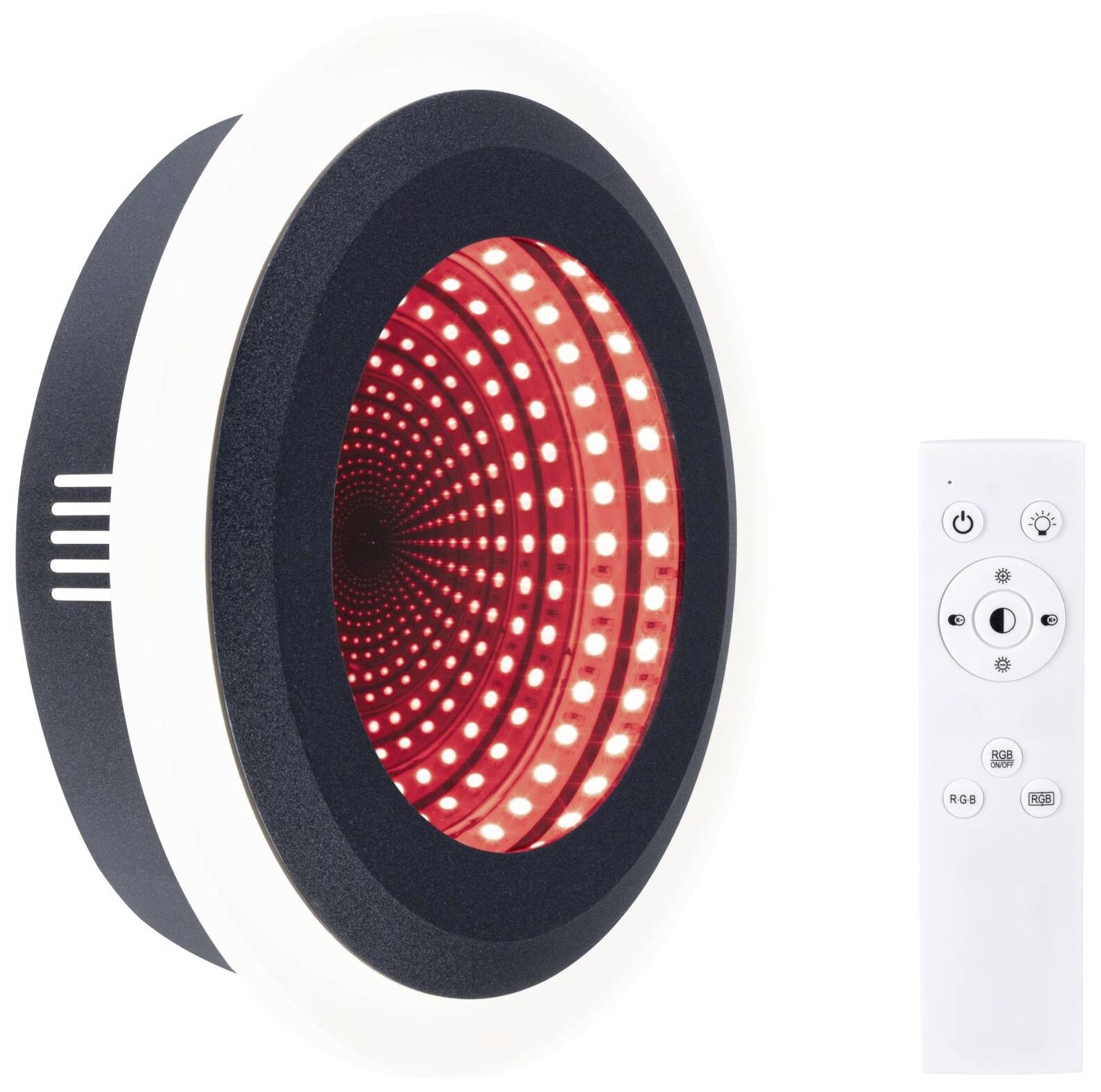 Ein schwarzer, runder LED-Lichteffekt mit rotem, kreisförmigem Leuchtring. Daneben liegt eine weiße Fernbedienung mit mehreren Tasten.