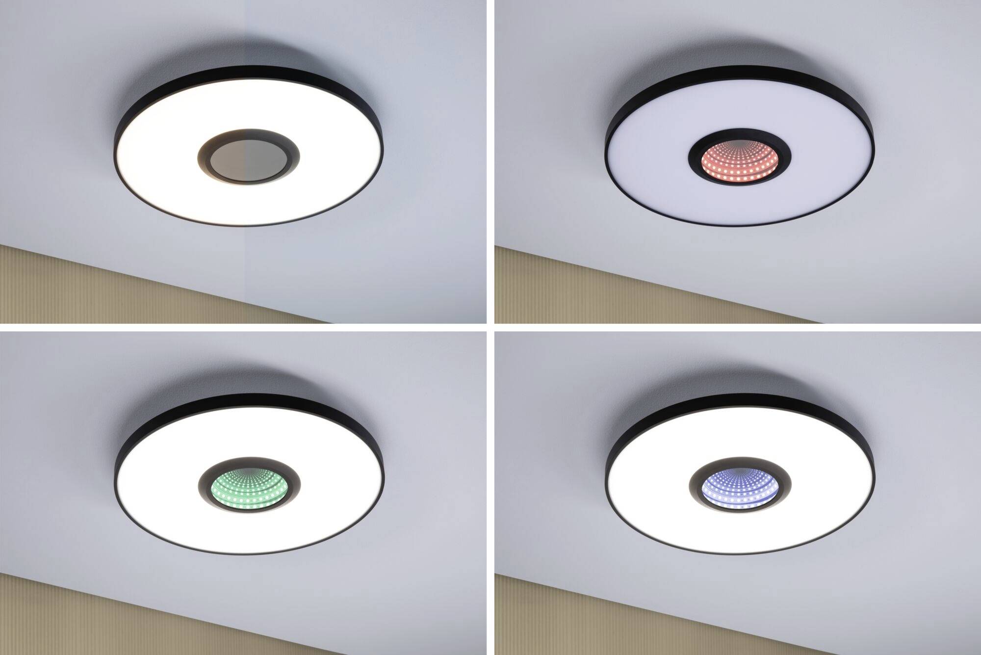 Vier Deckenleuchten in einem quadratischen Layout, jede mit einem anderen Lichtton: warmweiß, rot, grün, blau.