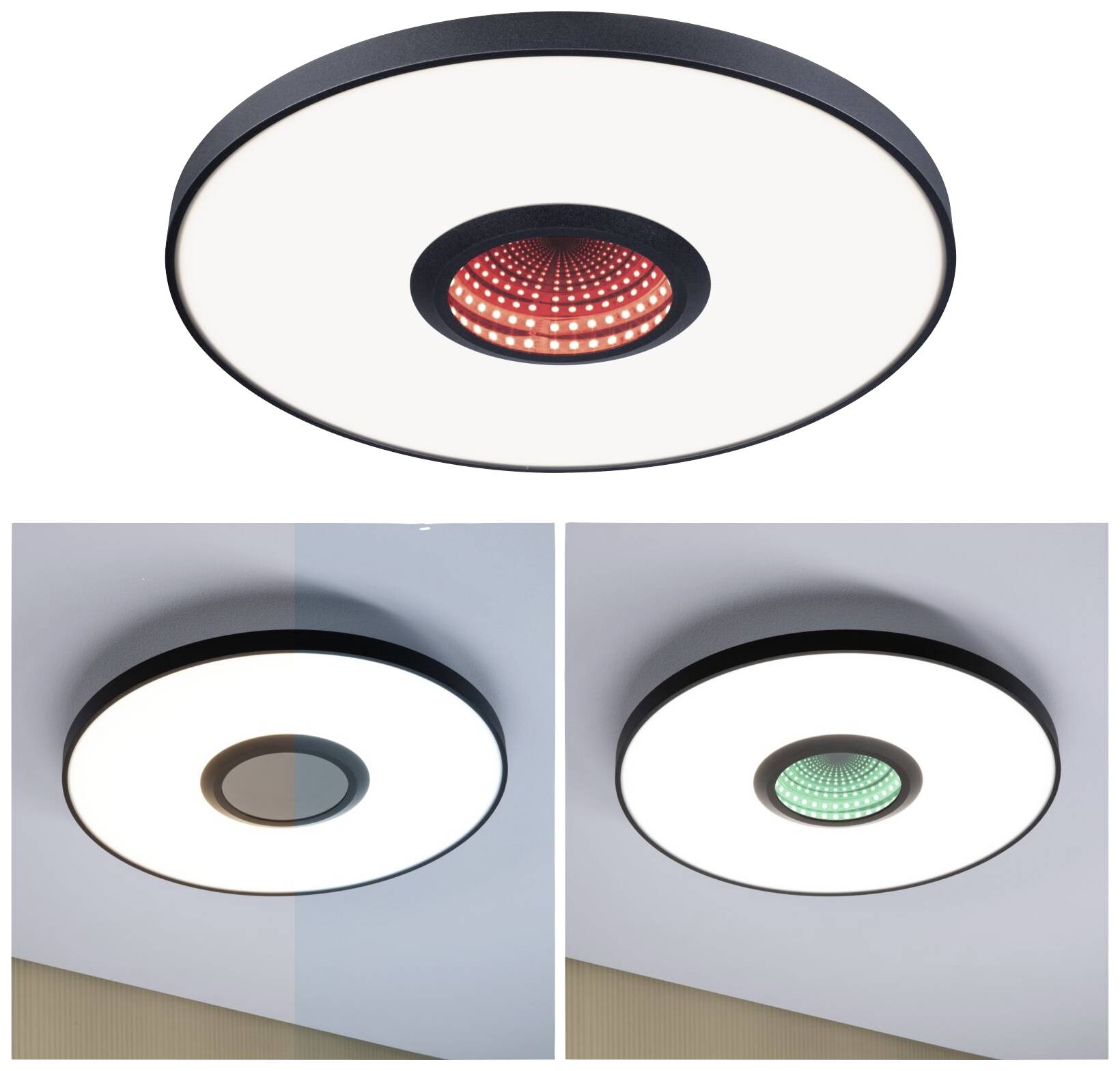 Deckenleuchte mit kreisförmigem Design und LED-Licht in Rot, Weiß und Grün. Zeigt Farbwechselfunktion in Innenraumumgebung.