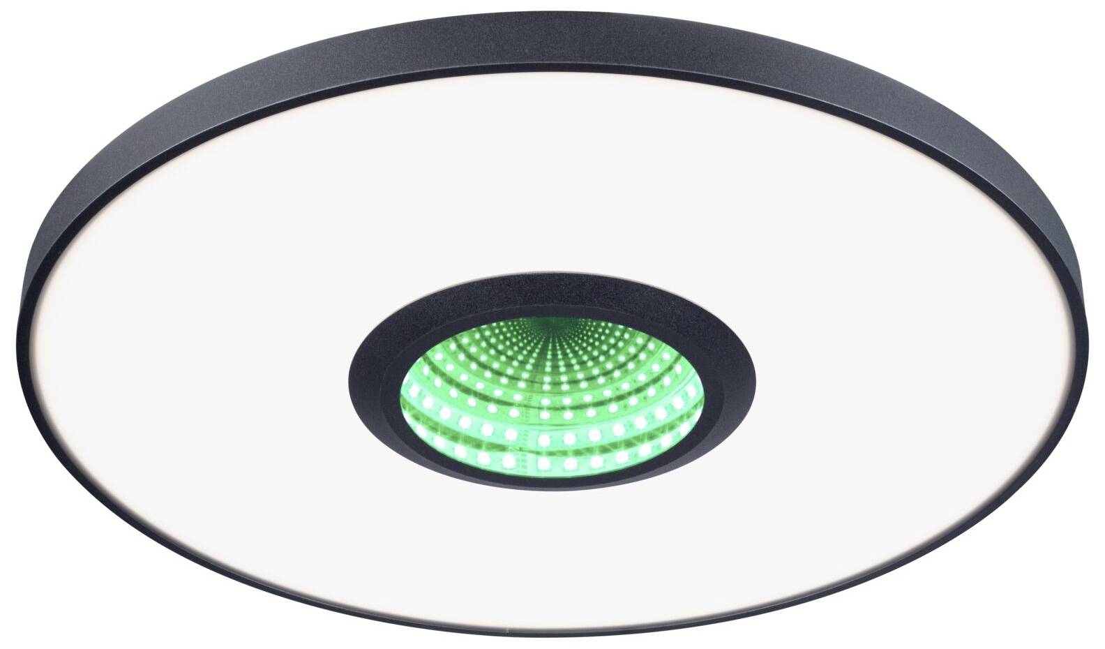 Runde Deckenleuchte mit zentralem grünem LED-Bereich und schwarzem Rand. Minimalistisches Design, ideal für moderne Innenräume.