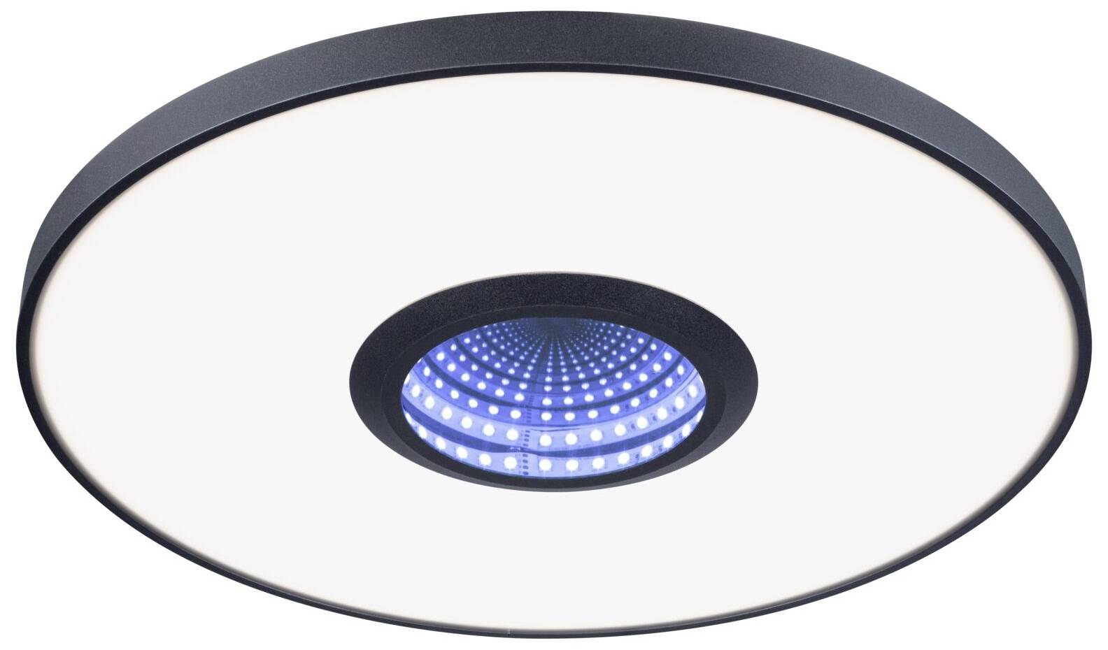 Runde LED-Deckenleuchte mit weißem Rand und blauem Licht in der Mitte, futuristisches Design, geeignet für moderne Innenräume.
