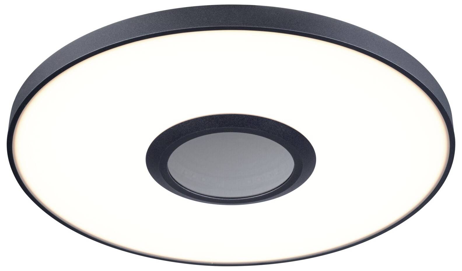 Runde Deckenlampe mit modernem Design, schwarzer Rand und leuchtendem LED-Lichtring. Zentrale Abdeckung betont minimalistischen Stil.