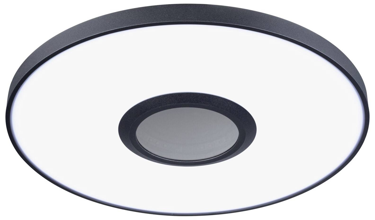 Runde, schwarze Deckenleuchte mit großem, zentralem, weißem Leuchtbereich, geeignet für moderne Innenausstattung.