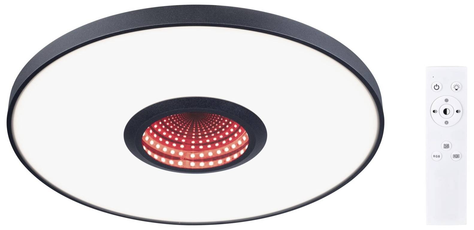 Runde LED-Deckenleuchte mit kreisförmigem, leuchtendem Muster in der Mitte. Rechts daneben ist eine Fernbedienung abgebildet.