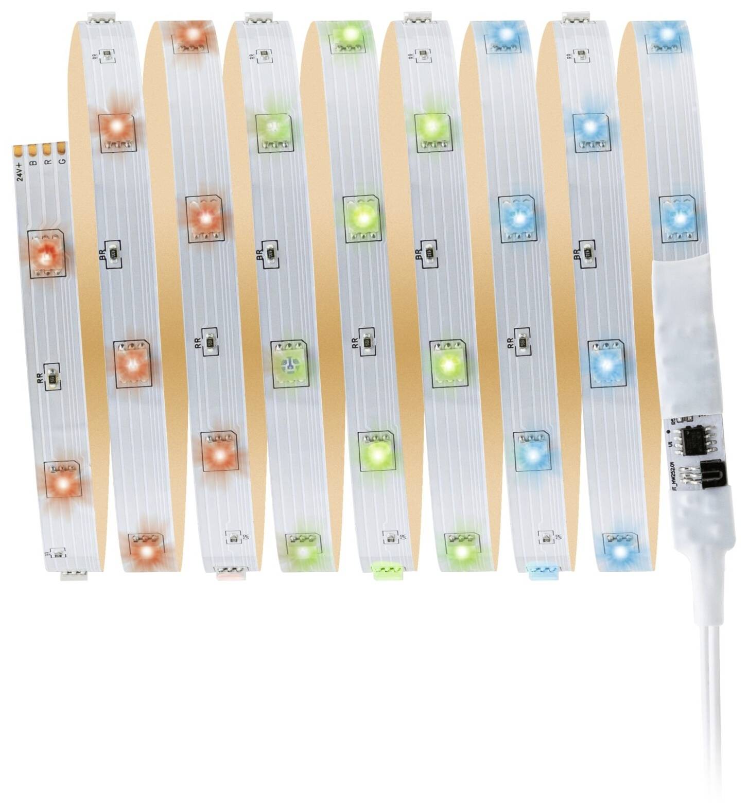 Eine LED-Lichtleiste mit mehrfarbigen Leuchten in Blau, Grün und Rot, die in regelmäßigen Abständen angeordnet sind.