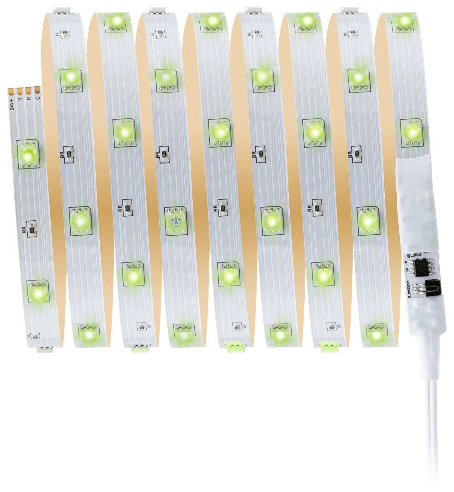 Ein LED-Lichtstreifen, der spiralförmig aufgewickelt ist. Die LEDs leuchten grün und der Streifen besitzt Anschlüsse an beiden Enden.