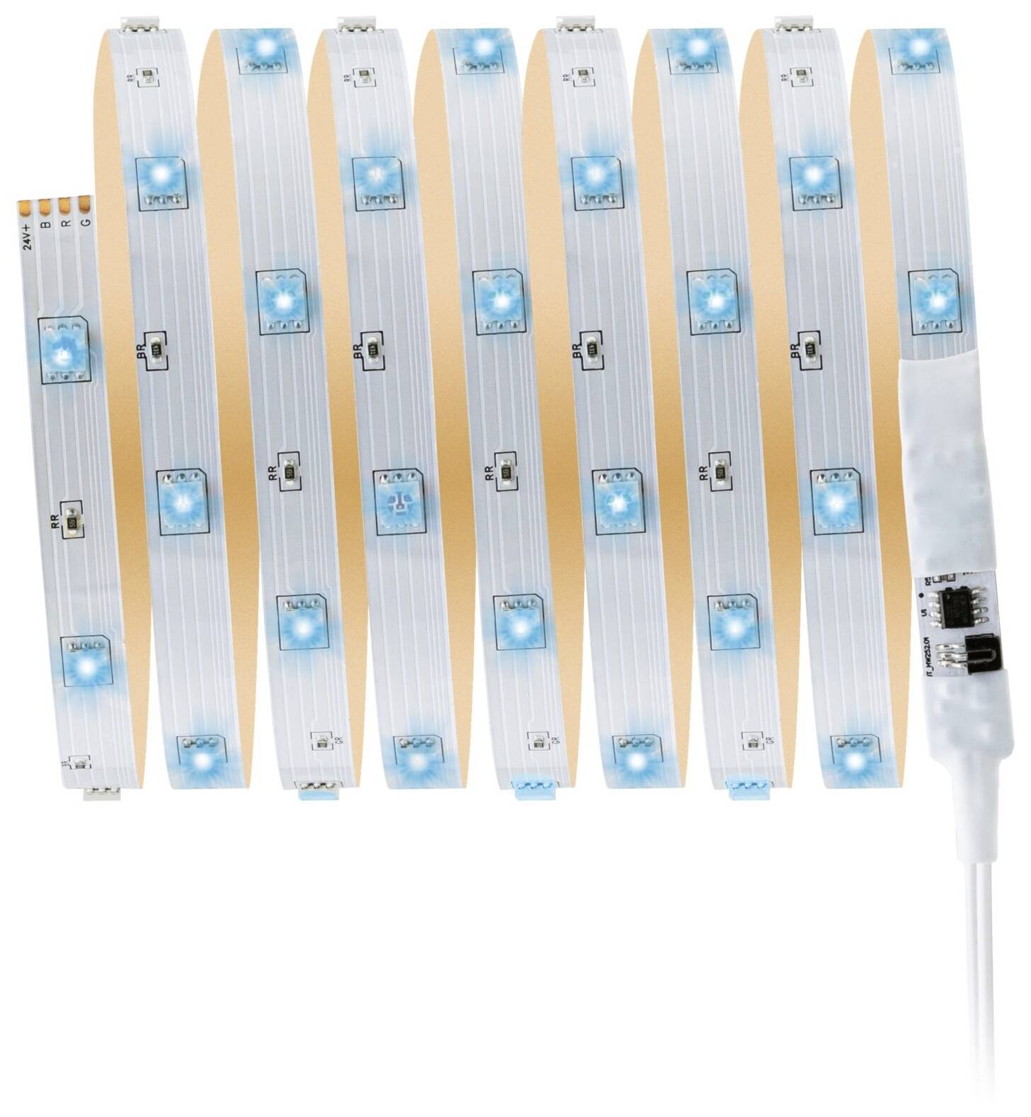 LED-Streifen, weiß mit blauen Lämpchen, aufgerollt. Geeignet für dekorative Beleuchtung, flexibel und anpassbar.