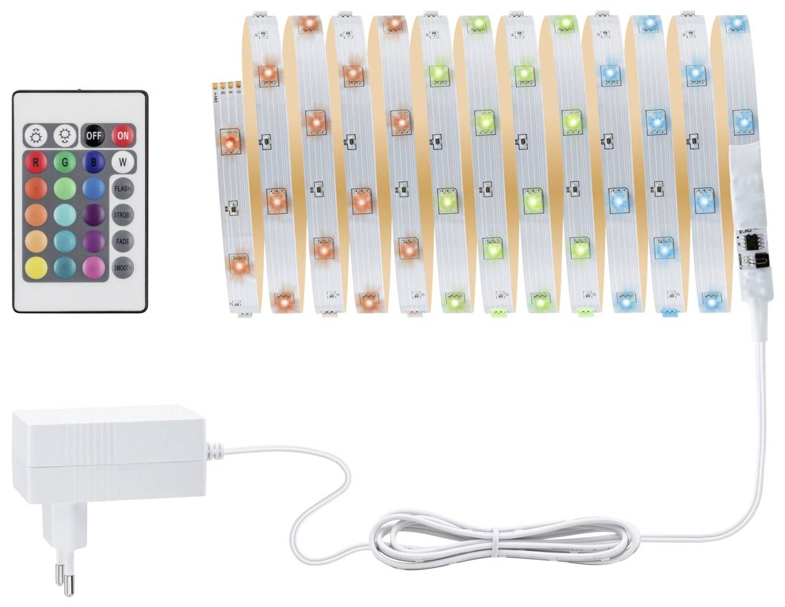 LED-Lichtstreifen und Fernbedienung mit Farbwahl. Netzteil mit Kabelanschluss. Ideal zur dekorativen Beleuchtung.