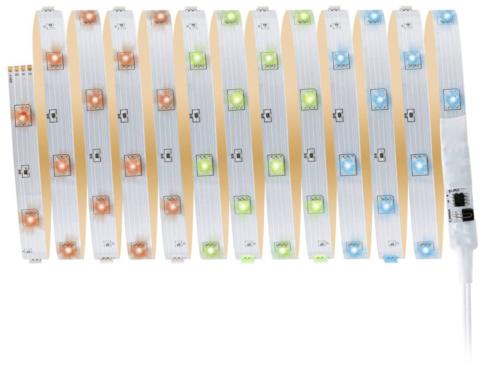 LED-Lichtstreifen in verschiedenen Farben (Rot, Grün, Blau). Flexibel und mehrfarbig, geeignet für Dekoration oder Beleuchtung.