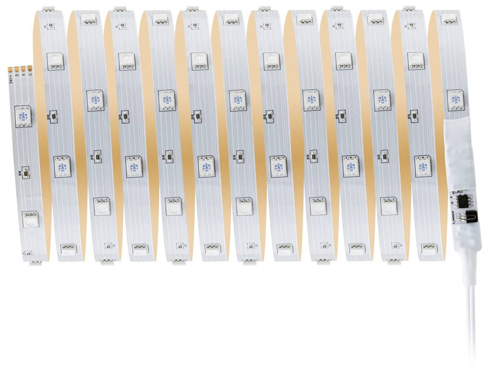 Ein aufgerollter LED-Streifen mit kupferfarbenen Kontakten und weißen LEDs ist abgebildet. Ein weißes Kabel zieht sich vom Rand des Streifens weg.