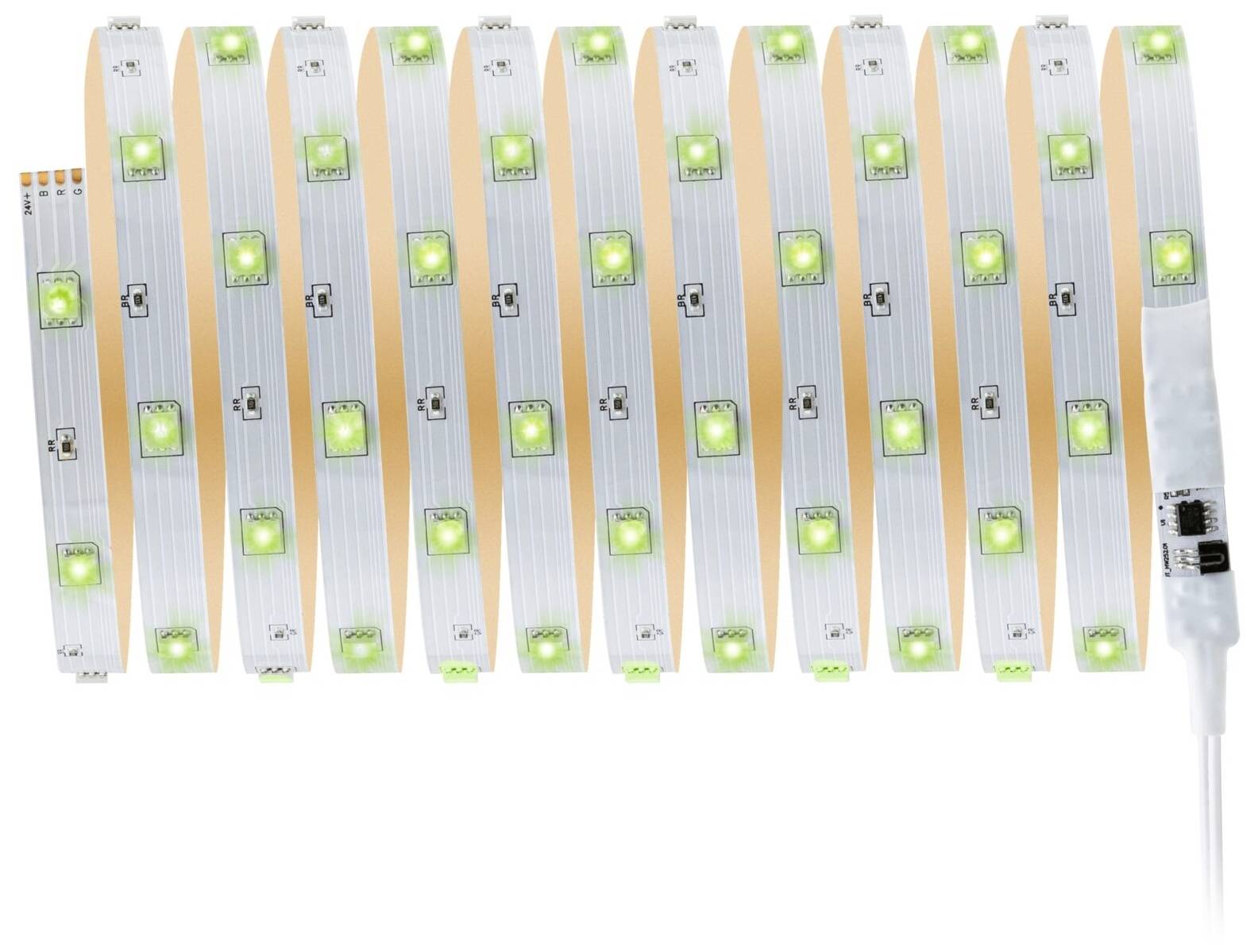 Rolle eines flexiblen LED-Streifens mit leuchtend grünen Dioden, die regelmäßig entlang der weißen Oberfläche verteilt sind.