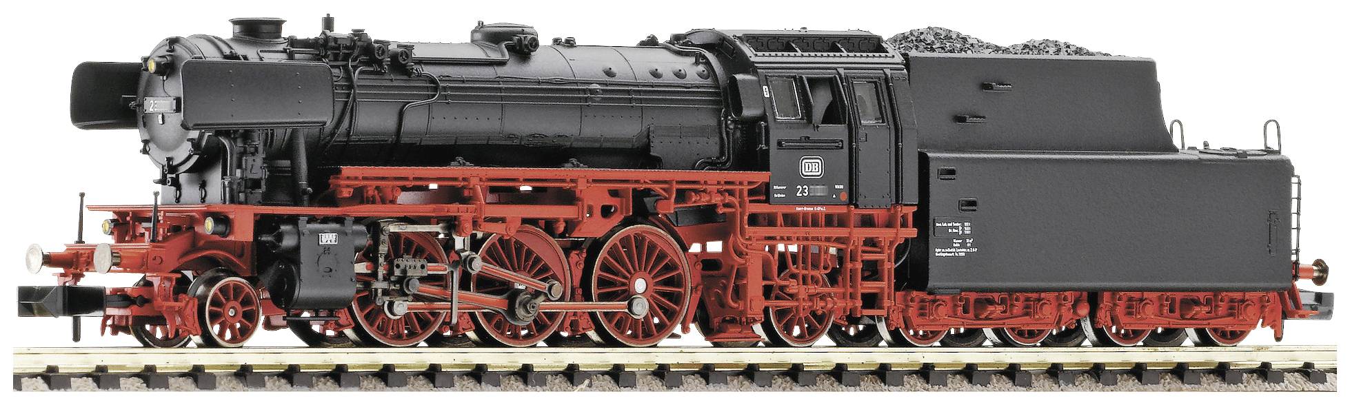 Schwarze Dampflokomotive mit roten Rädern und Gestänge auf Gleis, klassische Bauweise, Eisenbahnmodell.