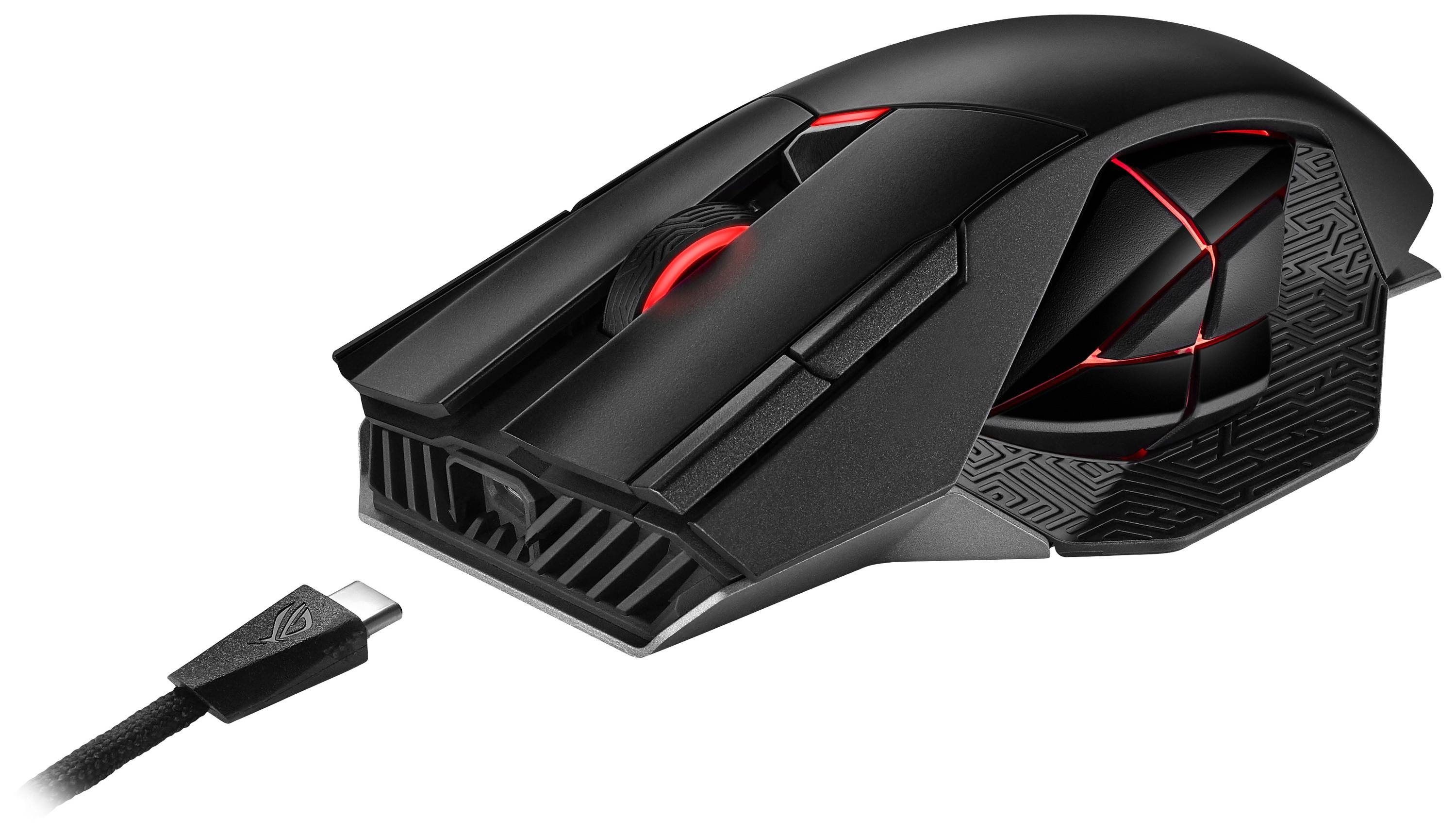 Eine schwarze Gaming-Maus mit roter Beleuchtung und einem USB-C-Kabel. Sie hat ein ergonomisches Design und ein modernes Muster.