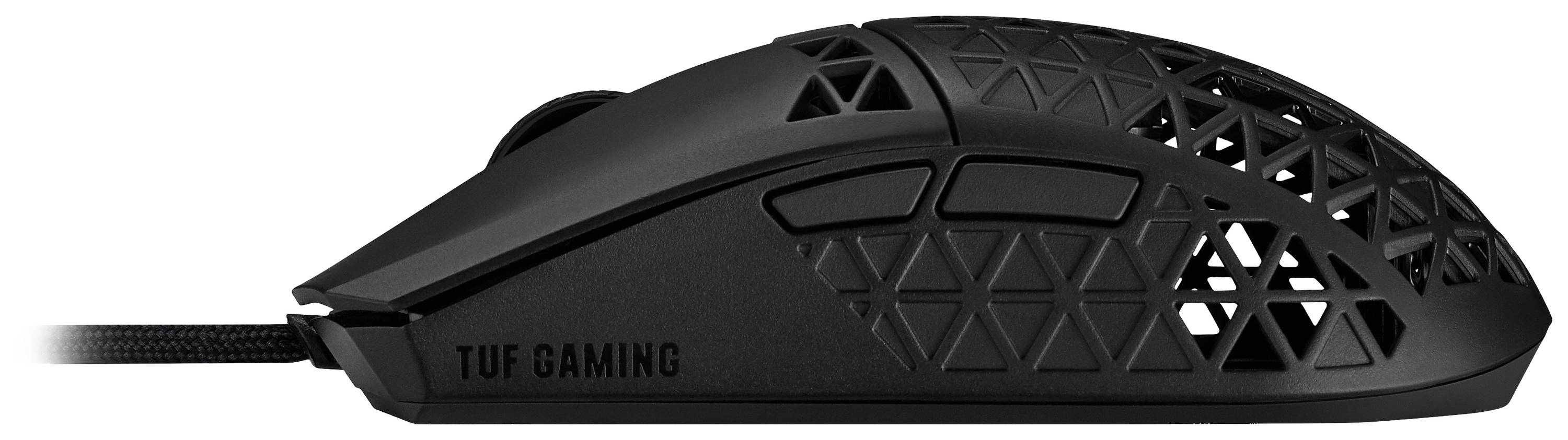 Schwarze Gaming-Maus mit Gitterdesign auf der Oberseite. Seitlich steht 'TUF GAMING'. Kabelgebunden für präzise Steuerung.