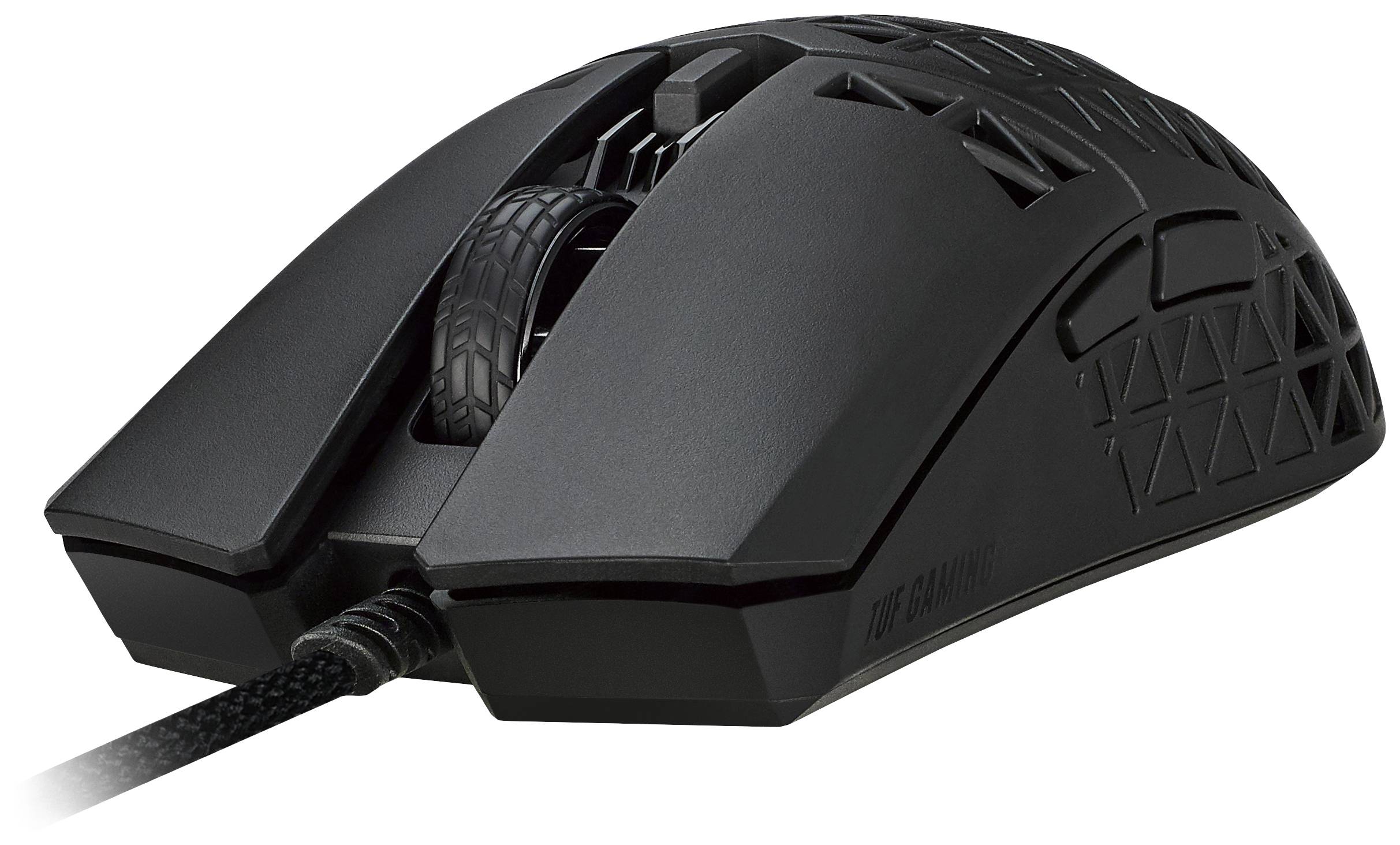 Schwarze Gaming-Maus mit ergonomischem Design und Mustern auf der Seite, sichtbares Mausrad und Kabelanschluss vorne.