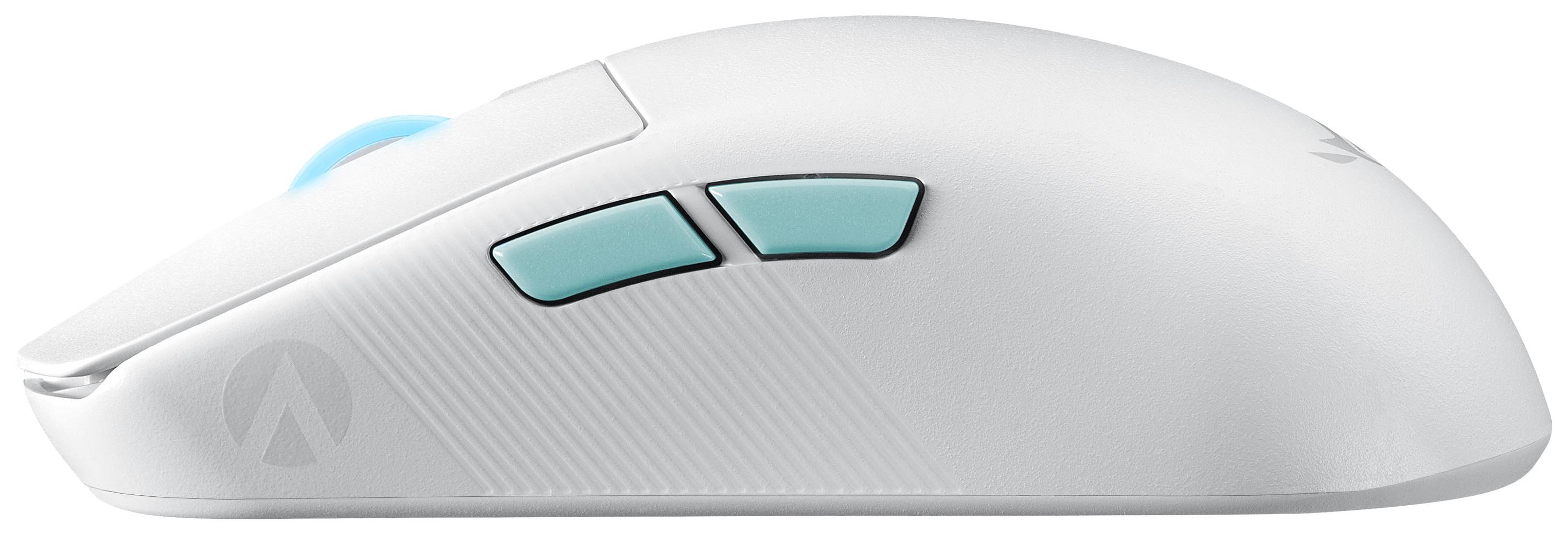 Weiße Computermaus mit zwei blauen Tasten auf der Seite, minimalistische Gestaltung.